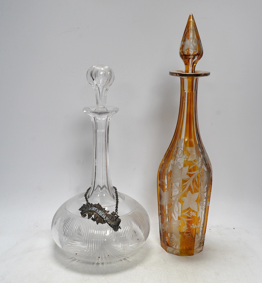 A Victorian silver Sherry label, decanter and Victorian long necked Sherry decanter (2). Condition - fair to good